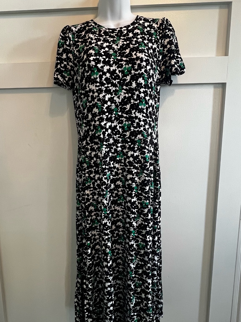 Boden Black and White Floral Midi Dress with Green Highlights